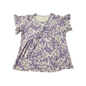 Woman Within Purple Floral Crisscross V-Neck Babydoll Tunic Top Size L In 36 IN